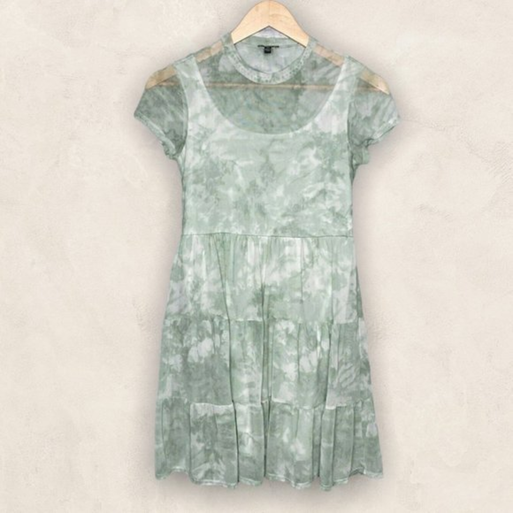 Lily Rose Size XS Green White Tie Dye Tiered Babydoll Stretch Boho Mini Dress